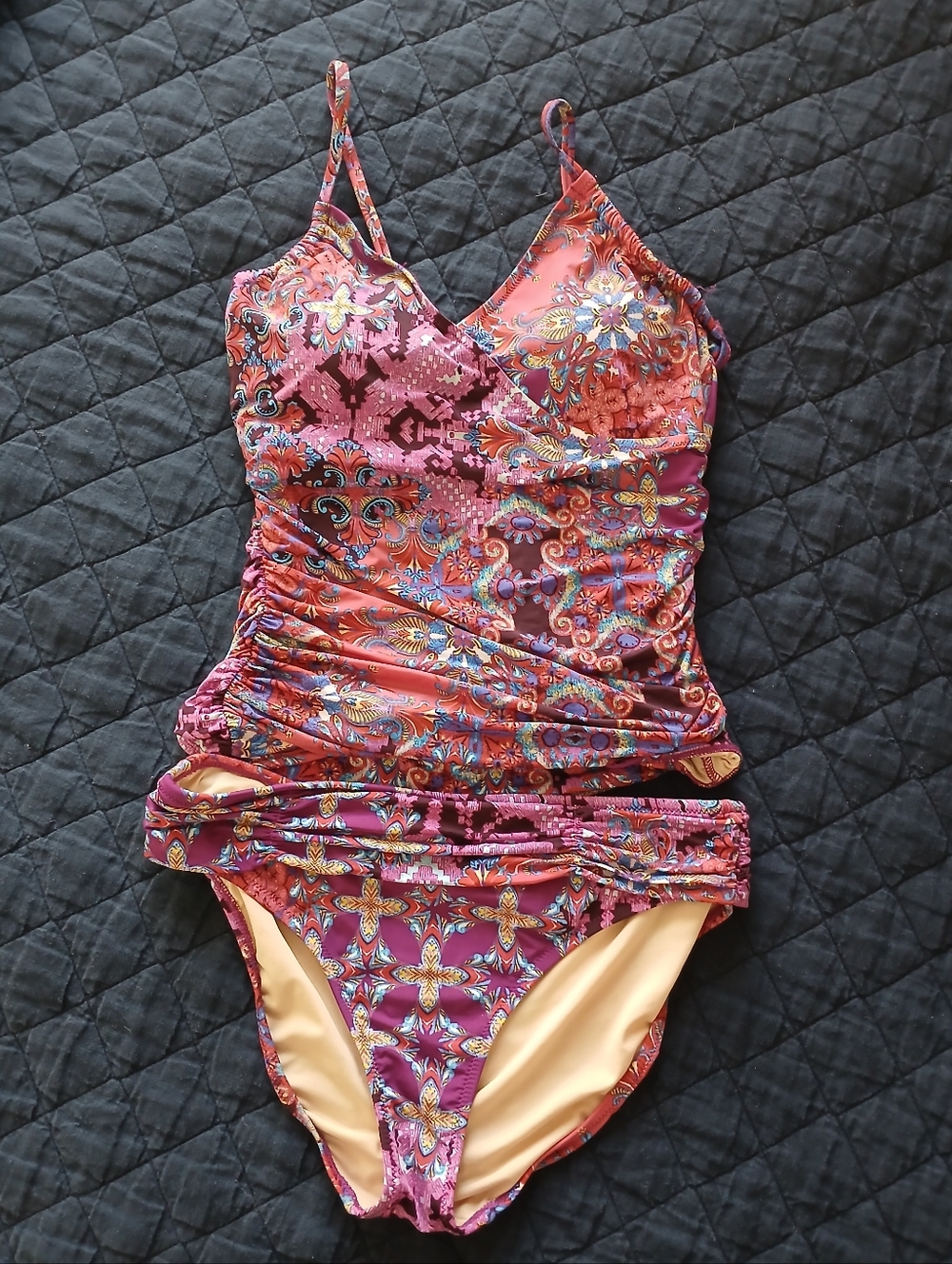 Garnet Hill Pink Floral Ruched One-Piece Swimsuit